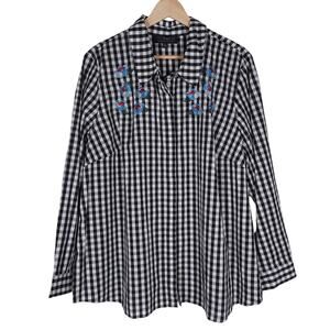 Eloquii Shirt 18 Plus Size Button Up Black White Gingham Plaid Floral Embroidery